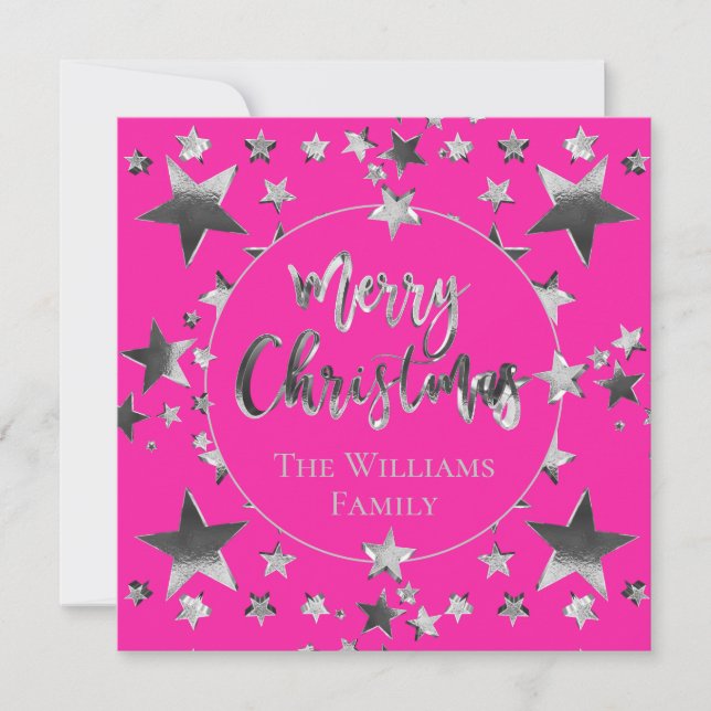 Modern Hot Pink Silver Script Star Merry Christmas (Front)