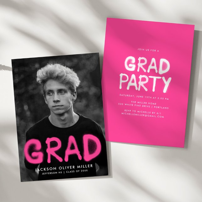 Modern Hot Pink Spray Paint Photo Graduation Party Invitation (Creator Uploaded)