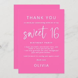 Modern Hot Pink Sweet 16 Birthday Party Thank You Card