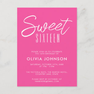 Modern Hot Pink Sweet Sixteen 16th birthday Postcard