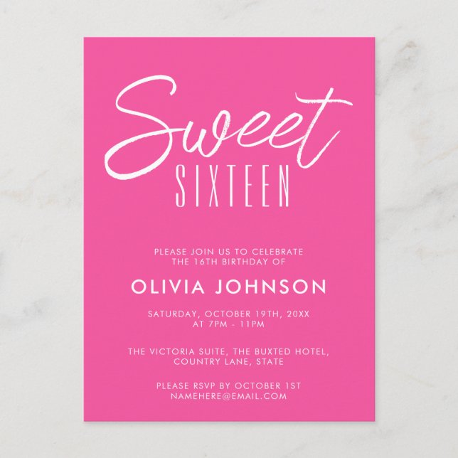 Modern Hot Pink Sweet Sixteen 16th birthday Postcard (Front)