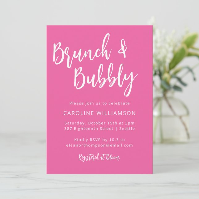 Modern Hot Pink Trendy Script Brunch Bubbly Shower Invitation (Standing Front)