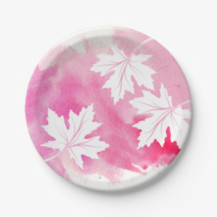 Modern hot pink watercolor and maple leaves paper plate