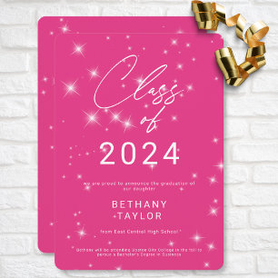Modern Hot Pink & White Sparkle Graduation Announcement