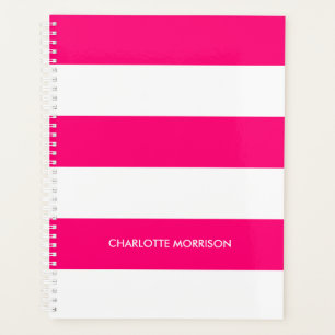 Modern hot pink white stripes custom name monogram planner