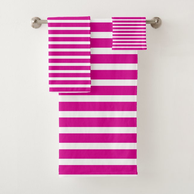 Modern Hot Pink White Stripes Pattern Bath Towel Set (Insitu)