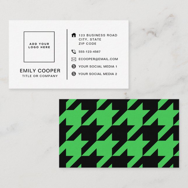 Modern Houndstooth Add Logo Black and Green Business Card (Front/Back)