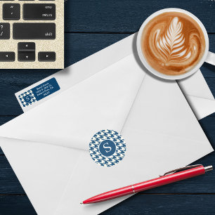 Modern Houndstooth Blue & White Monogram Classic Round Sticker