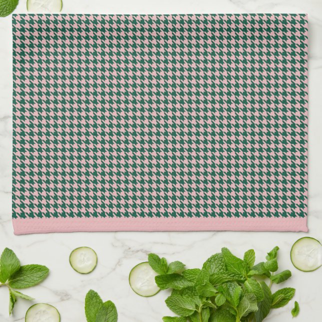 Modern Houndstooth Pattern Holiday Green & Pink Tea Towel (Folded)