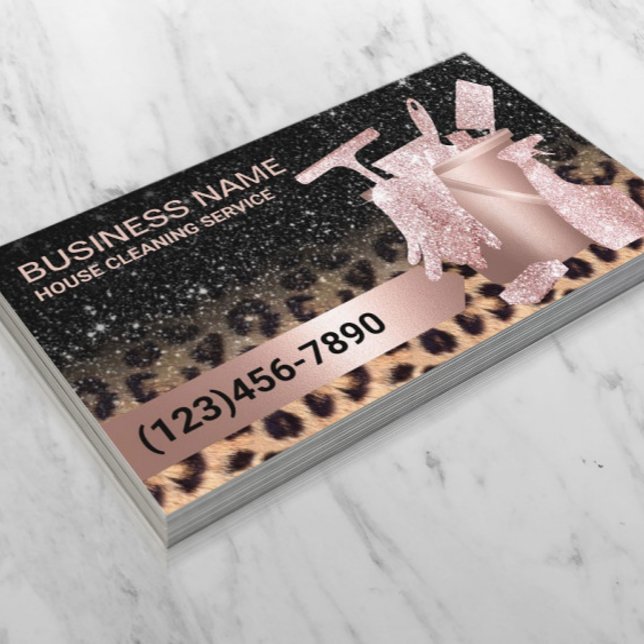 Modern House Cleaning Leopard & Rose Gold Glitter  Business Card (Creator Uploaded)