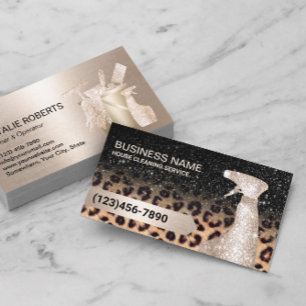 Modern House Cleaning Service Black & Gold Leopard Business Card