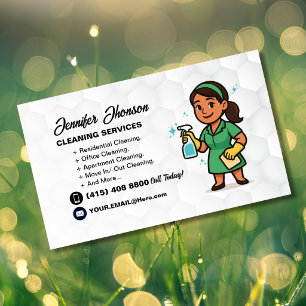 Modern House Cleaning Service White & Green Maid Business Card