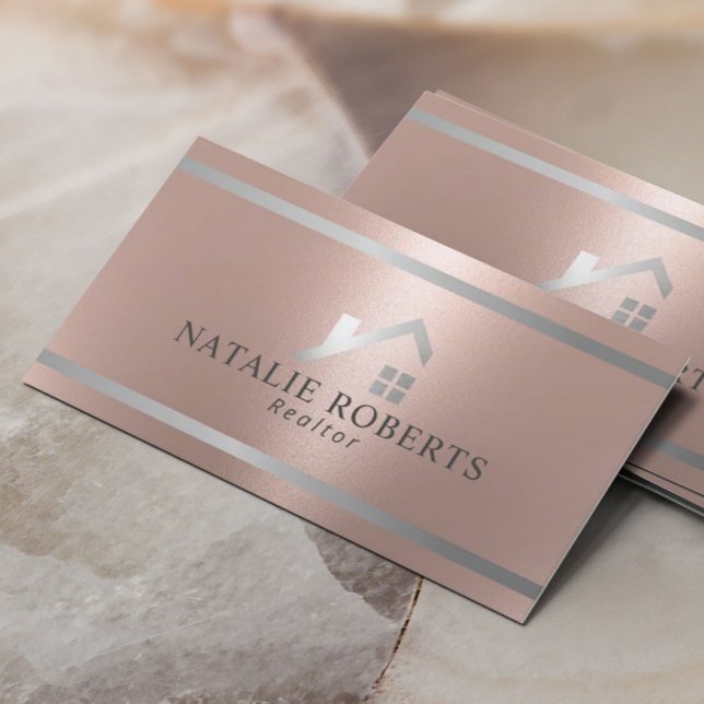Modern House Logo Real Estate Realtor Rose Gold Business Card (Creator Uploaded)