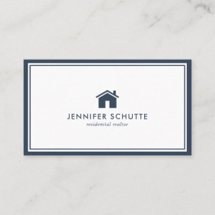 Modern House Simple Navy Plaid Real Estate Agent Business Card