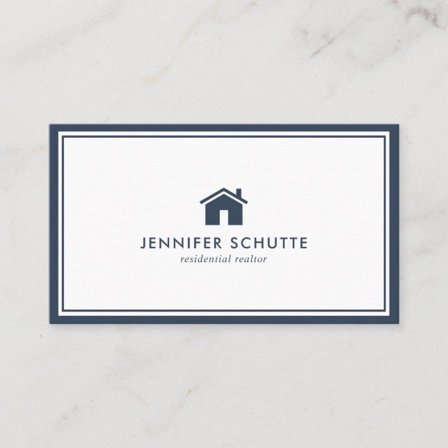 Modern House Simple Navy Plaid Real Estate Agent Business Card (Front)