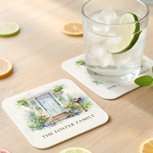 Modern Housewarming Party Simple Watercolor Square Paper Coaster (Creator Uploaded)