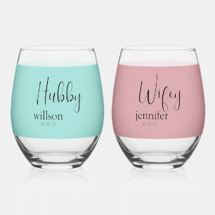 Modern Hubby and Wifey in Stunning Stemless Wine Glass