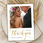Modern Huge Gold Script 2 Photo Wedding  Thank You Card<br><div class="desc">Modern Boho Chic Huge Gold Calligraphy Script 2 Photo Wedding Thank You Card. Stylish wedding thank you template featuring a full vertical photo on the front with the text "Thank You" in a whimsical swirly hand lettering typography swash tail font script faux gold foil. 2-sided card with 2 photo. Easily...</div>
