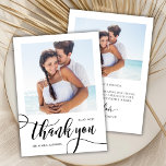 Modern Huge Whimsical Script 2 Photo Wedding  Thank You Card<br><div class="desc">Modern Whimsical Boho Calligraphy Script 2 Photo Wedding Thank You Card. Chic Stylish wedding thank you template featuring a full vertical photo on the front with the text "Thank You" in a whimsical swirly hand lettering typography swash tail brush font script in black and white. At the reverse side pre-made...</div>