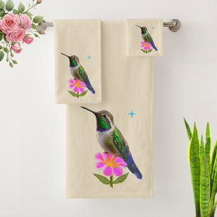 Modern Hummingbird and Flower on Light Sand Beige Bath Towel Set