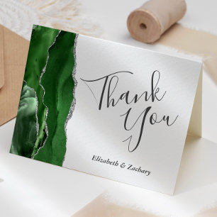 Modern Hunter Green Agate Silver Wedding Thank You Card