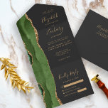 Modern Hunter Green Gold Agate Dark Wedding All In One Invitation<br><div class="desc">The left-hand edge of this elegant modern all-in-one wedding invitation and RSVP features a hunter green watercolor agate border trimmed with faux gold glitter. The customisable text combines gold-coloured handwriting, copperplate and italic fonts on an off-black background. The return address appears on the outside flap and the reverse side of...</div>