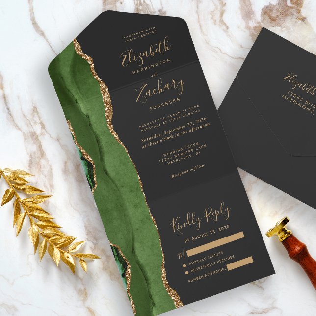 Modern Hunter Green Gold Agate Dark Wedding All In One Invitation (An elegant choice for a green and gold themed wedding.)