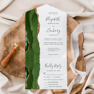 Modern Hunter Green Gold Agate Meal Choice Wedding All In One Invitation
