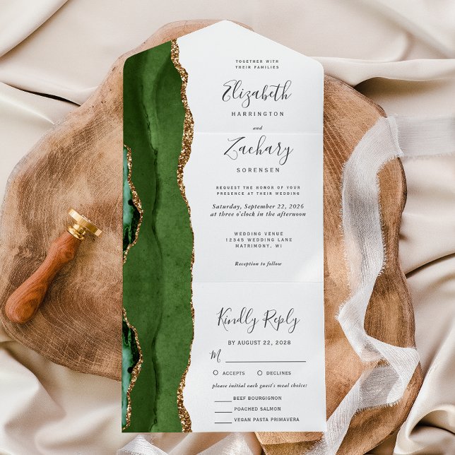 Modern Hunter Green Gold Agate Meal Choice Wedding All In One Invitation (Creator Uploaded)