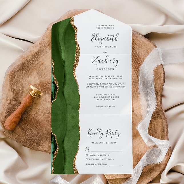 Modern Hunter Green Gold Agate Wedding All In One Invitation (Creator Uploaded)