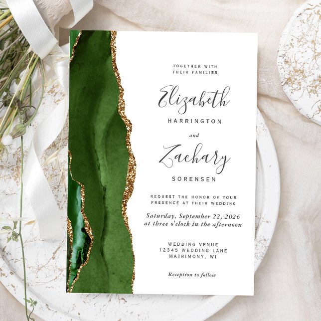 Modern Hunter Green Gold Agate Wedding Invitation (Creator Uploaded)
