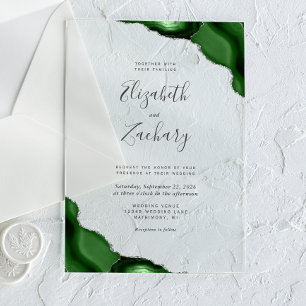 Modern Hunter Green Silver Agate Corners Wedding Acrylic Invitations