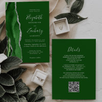 Modern Hunter Green Silver Agate QR Code Wedding