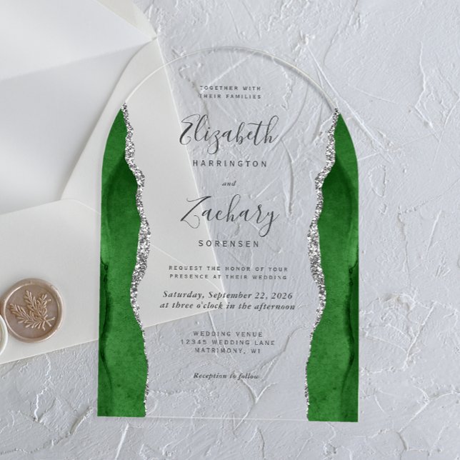 Modern Hunter Green Silver Agate Wedding Arch Acrylic Invitations (Creator Uploaded)