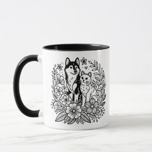 Modern Husky and Cat Line Art  Mug