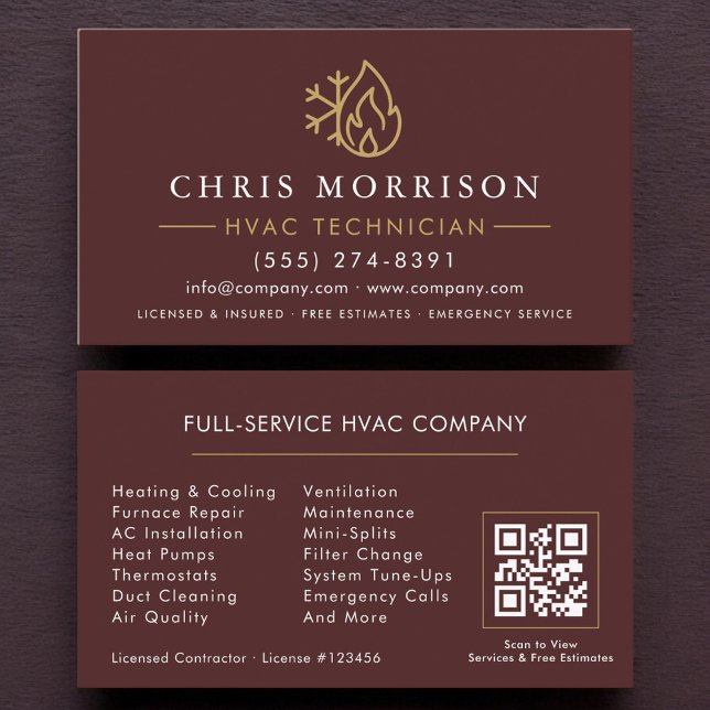 Modern HVAC Burgundy Gold QR Code Business Card (Creator Uploaded)