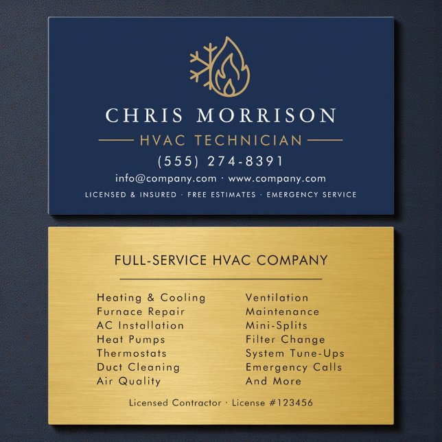Modern HVAC Navy Blue Gold Logo Business Card (Creator Uploaded)