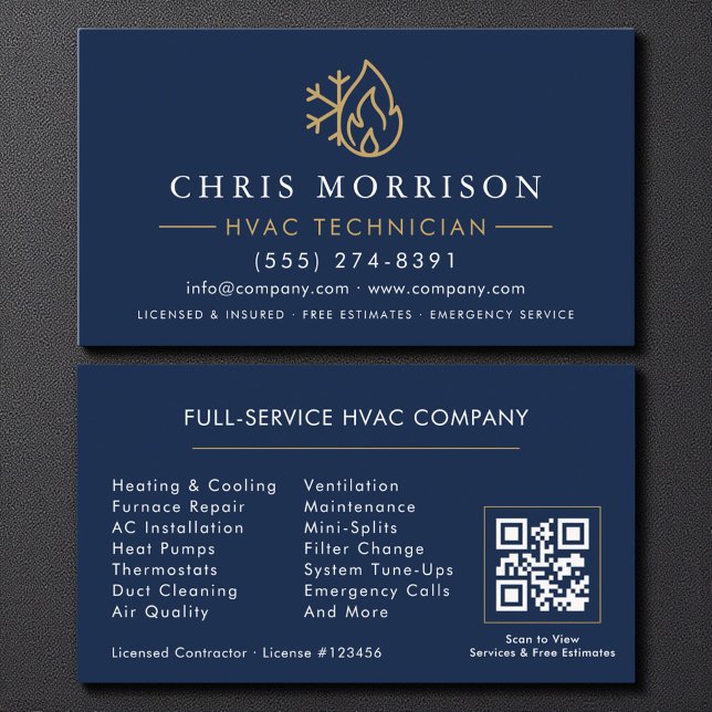 Modern HVAC Navy Blue Gold QR Code Business Card (Creator Uploaded)