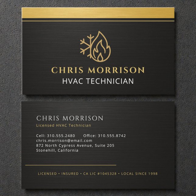 Modern HVAC Technician Black Gold Business Card (Creator Uploaded)