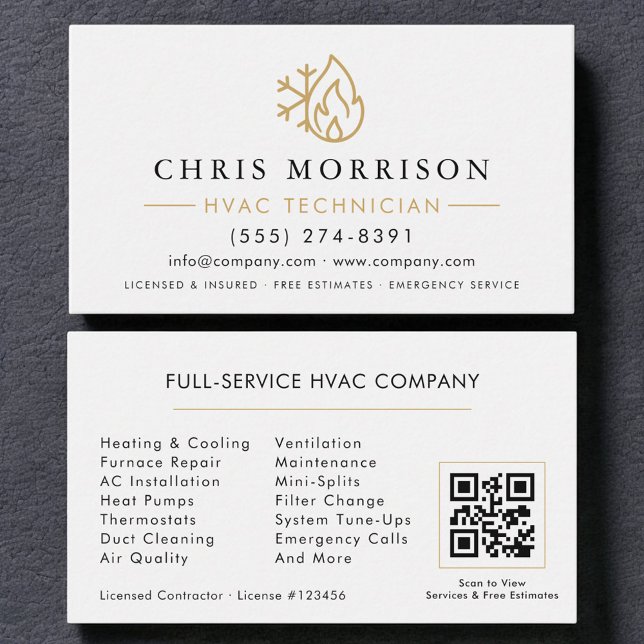 Modern HVAC White Gold QR Code Business Card (Creator Uploaded)