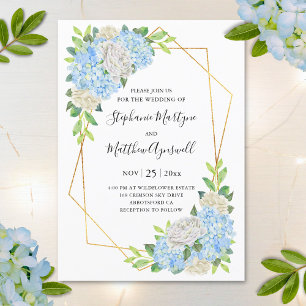 Modern Hydrangea White Roses Geometric Wedding Invitation