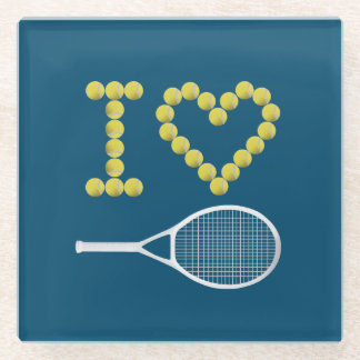 Modern I Love Tennis Blue Glass Coaster
