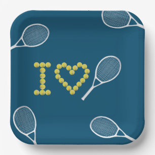 Modern I Love Tennis Blue Paper Plate
