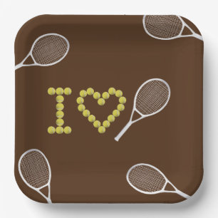 Modern I Love Tennis Brown Paper Plate