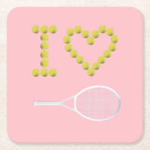 Modern I Love Tennis Pink Square Paper Coaster