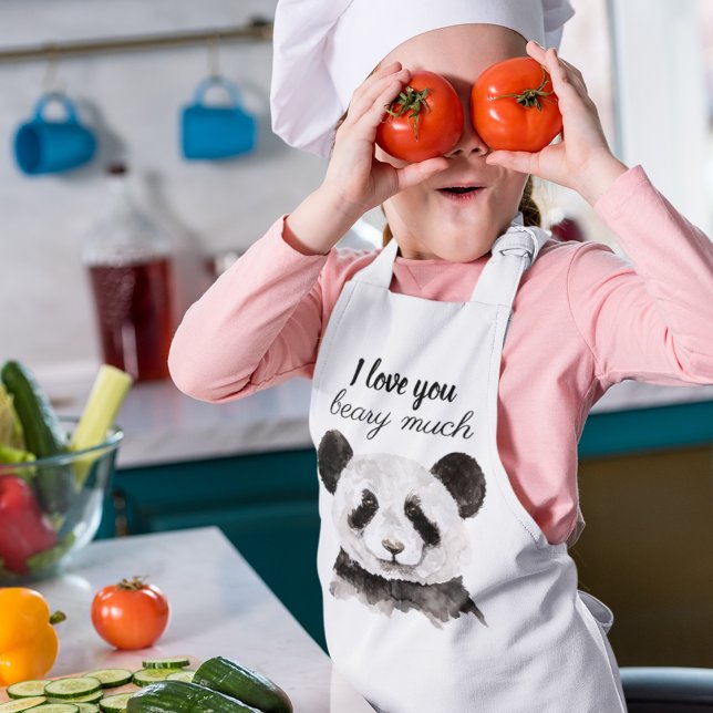 Modern I Love You Beary Much Black And White Panda Kids Apron (Creator Uploaded)