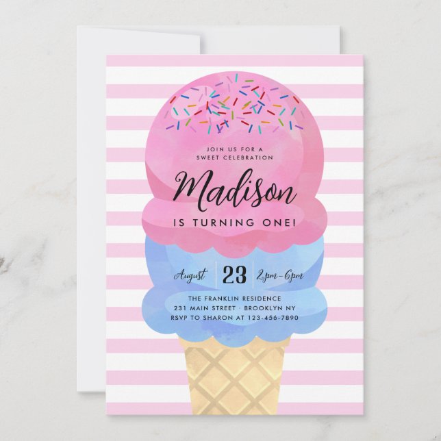 Modern Ice Cream Blush Pink Blue Kids Birthday Invitation (Front)