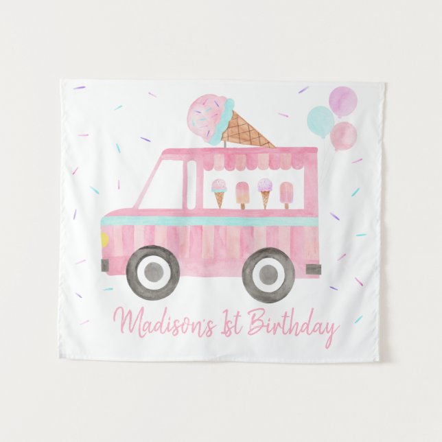 Modern Ice Cream Truck Birthday Backdrop Tapestry (Front (Horizontal))