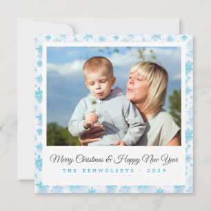 Modern Icy Blue and White Snowflakes Holiday Photo Card