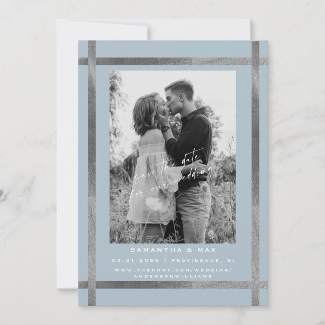 Modern Icy Blue & Silver Photo Wedding Invitation (Front)